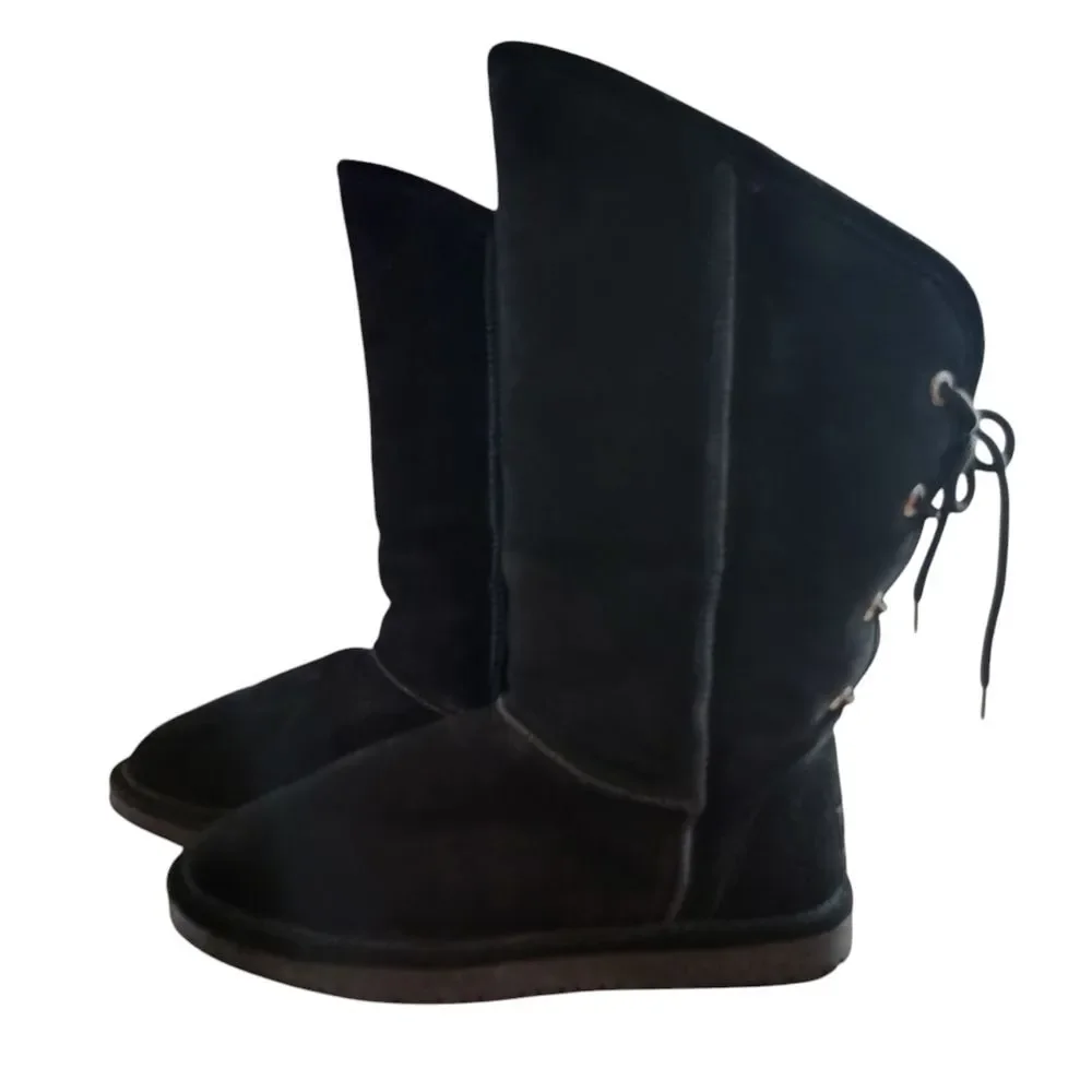 Bearpaw Emily Black Sherpa Wool Line Suede Lace-Up Boots Size 10
